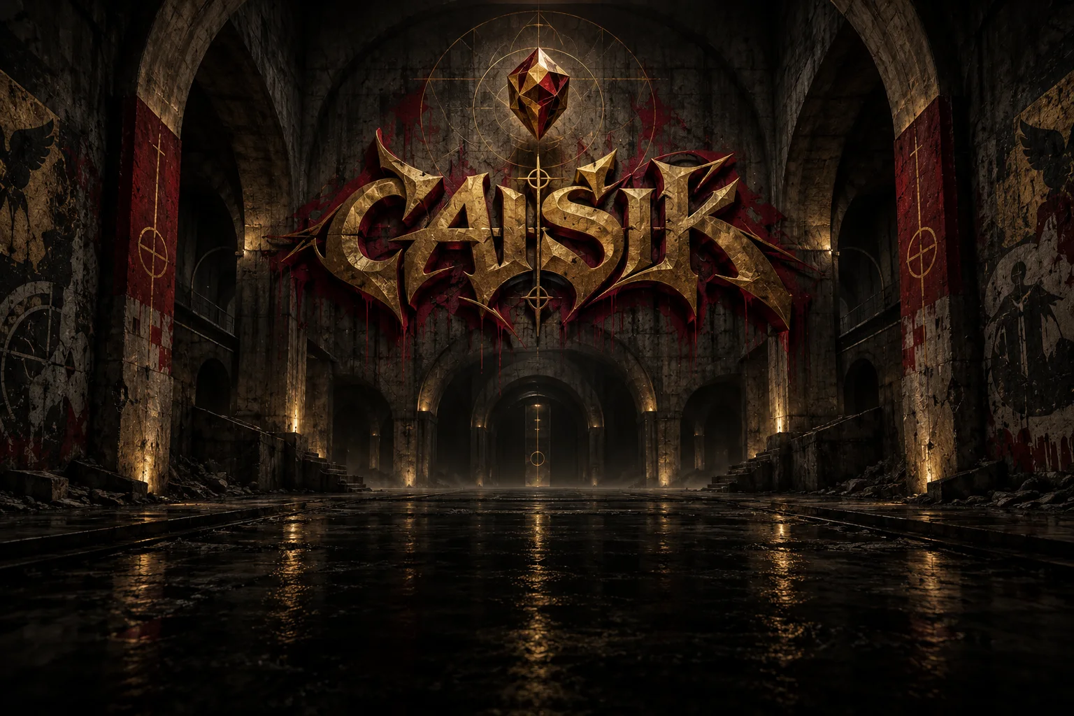 Original dimensional gold and crimson CAISIK graffiti inside a weathered concrete underground vault